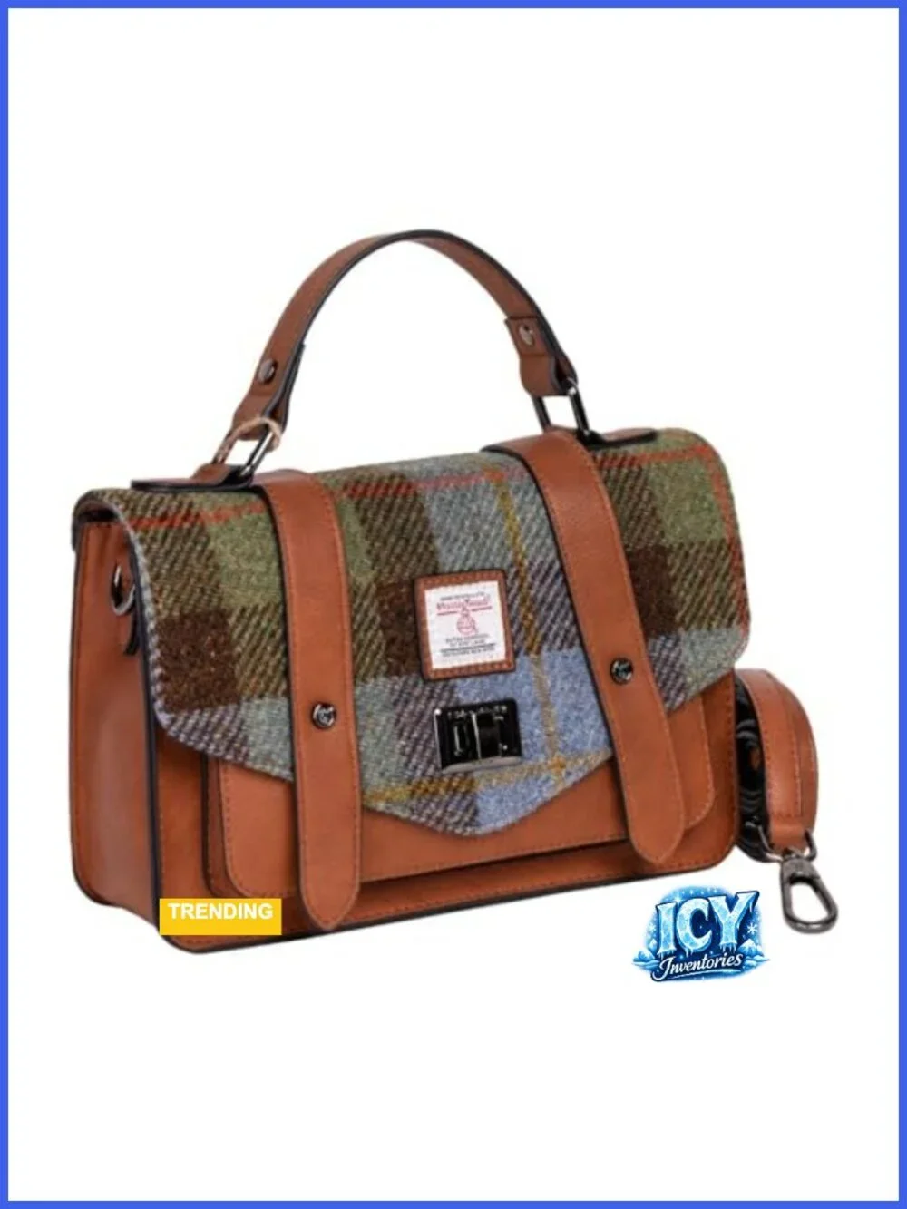 Medium Tweed Satchel Handbag Harris Tweed Vegan Leather Crossbody
